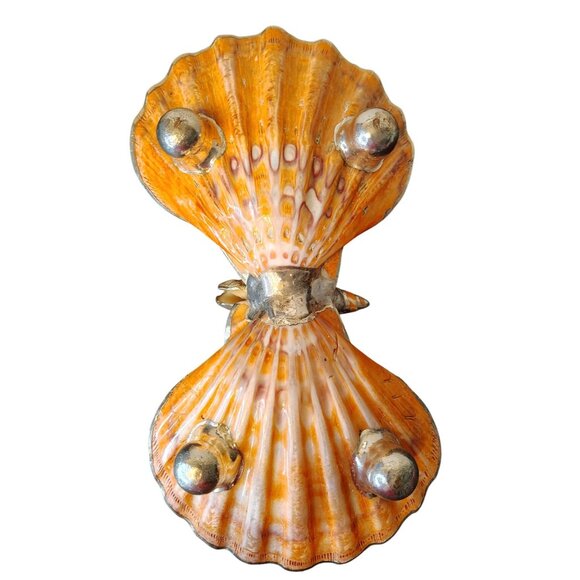 Vintage Double Calico Scallop Trinket Dish Episcopal Miter Shell Gold Trim Ocean - Picture 6 of 6